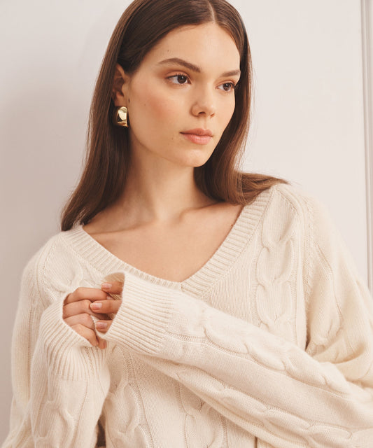Luxe Cashmere Cable V-Neck Sweater