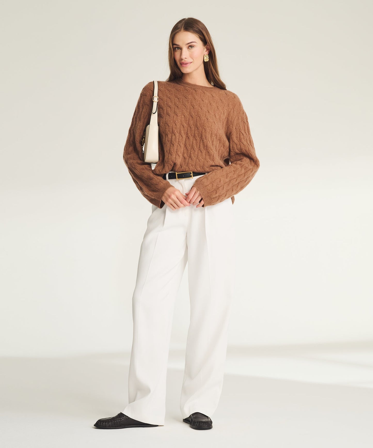 Lightweight Cashmere Cable Oversized Crewneck Sweater