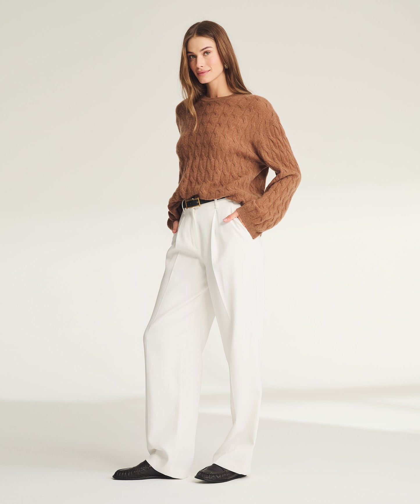 Lightweight Cashmere Cable Oversized Crewneck Sweater