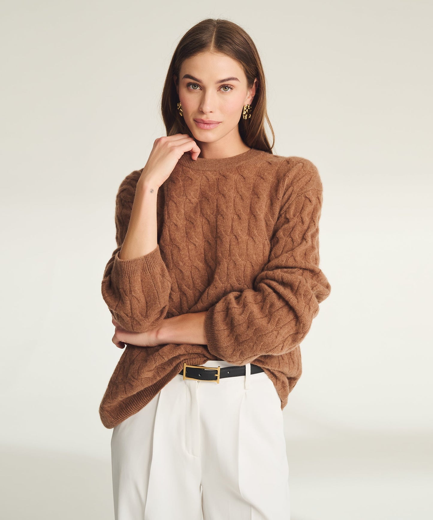 Lightweight Cashmere Cable Oversized Crewneck Sweater