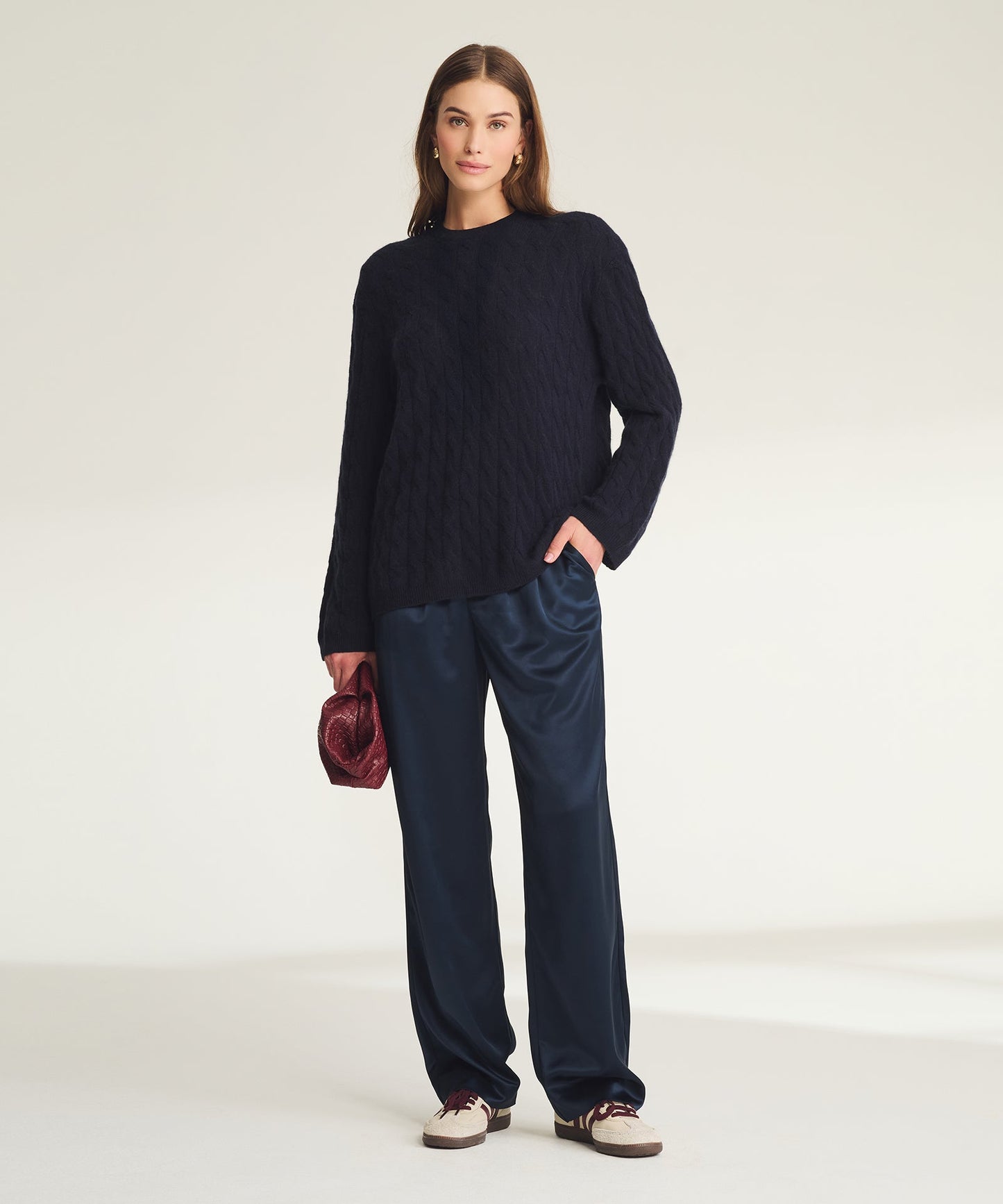Lightweight Cashmere Cable Oversized Crewneck Sweater