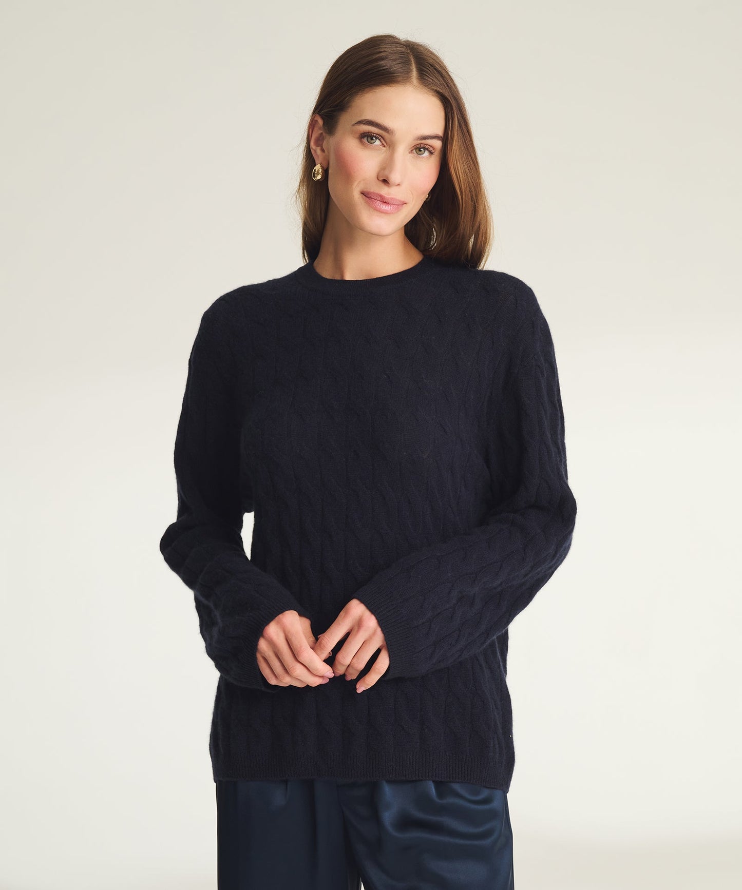 Lightweight Cashmere Cable Oversized Crewneck Sweater
