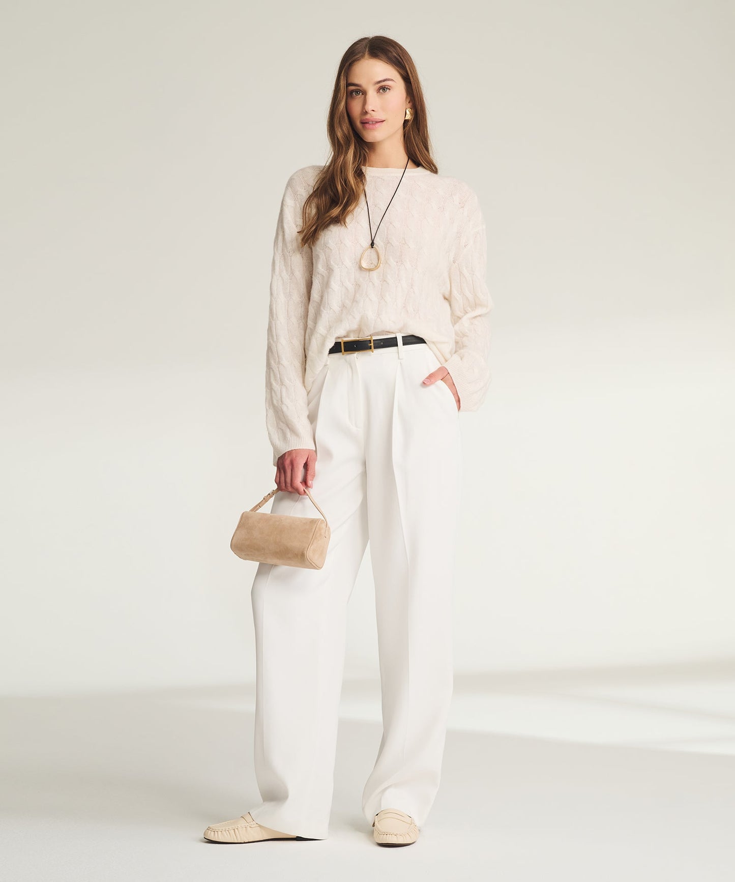 Lightweight Cashmere Cable Oversized Crewneck Sweater