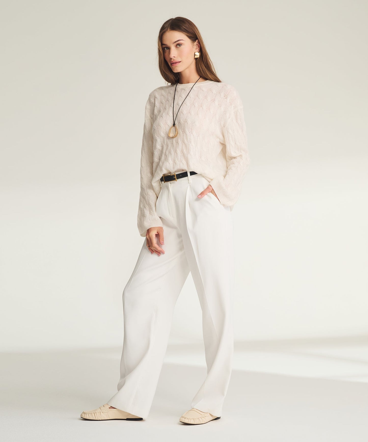 Lightweight Cashmere Cable Oversized Crewneck Sweater