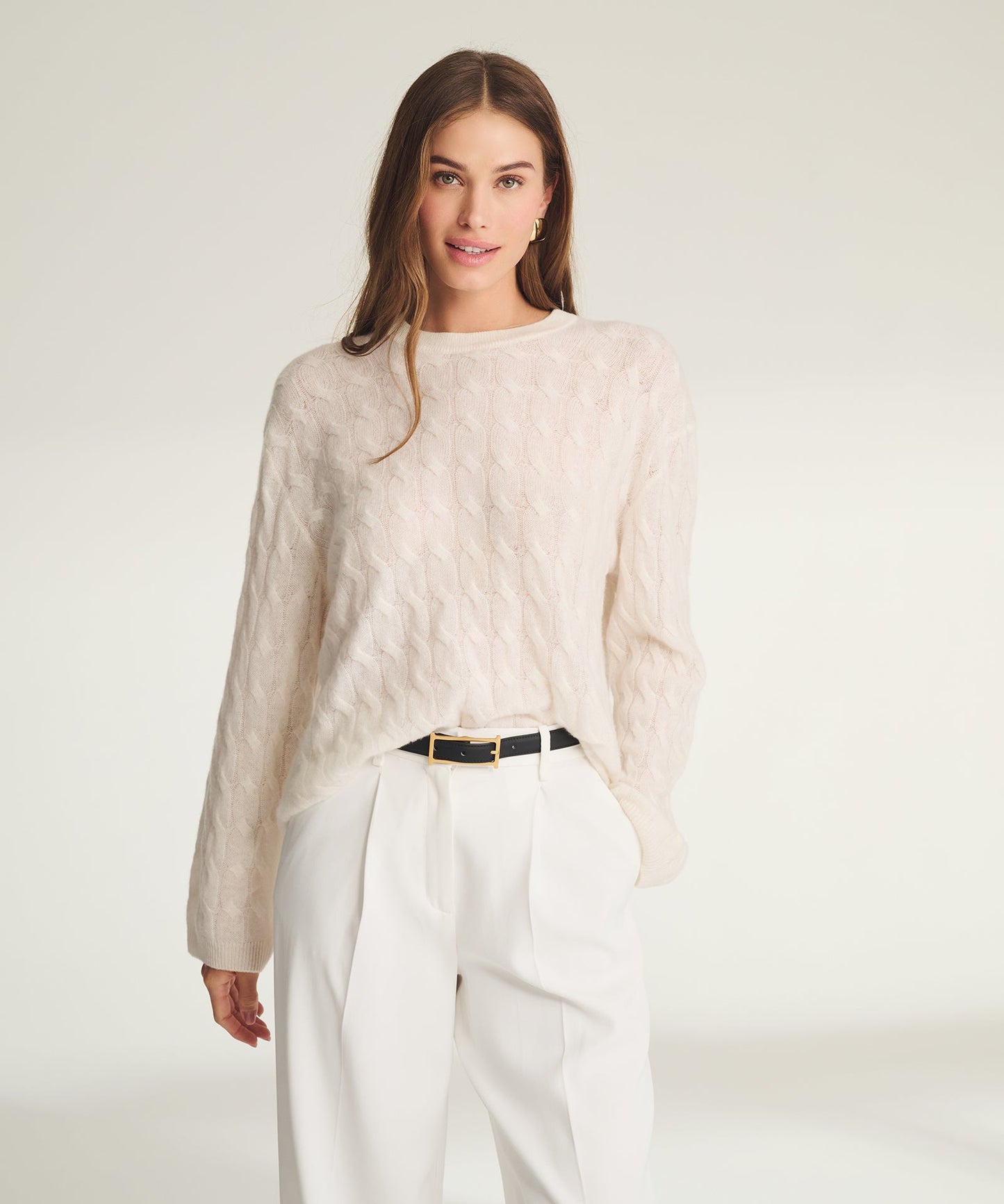 Lightweight Cashmere Cable Oversized Crewneck Sweater