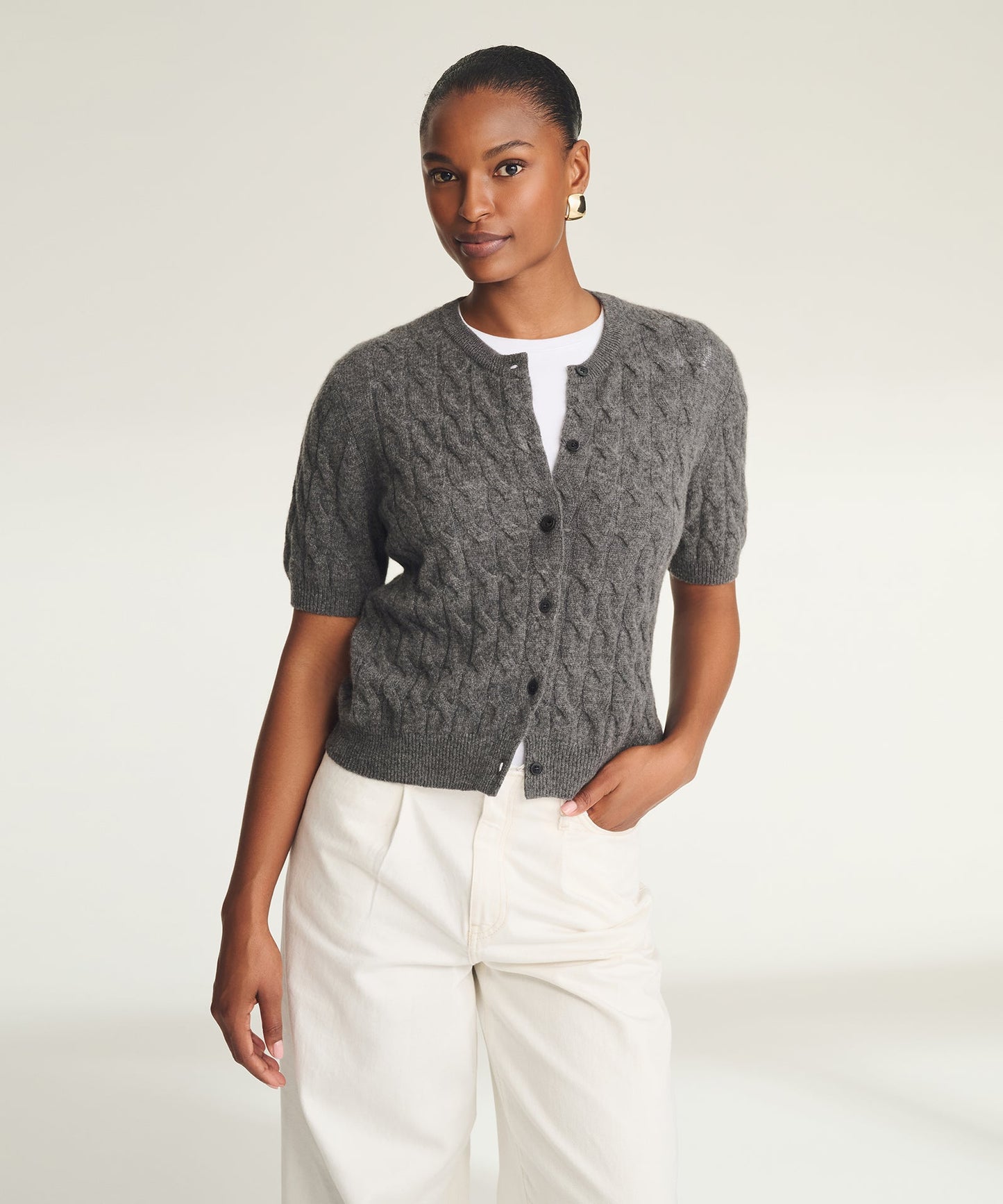 Lightweight Cashmere Cable Short Sleeve Cardigan