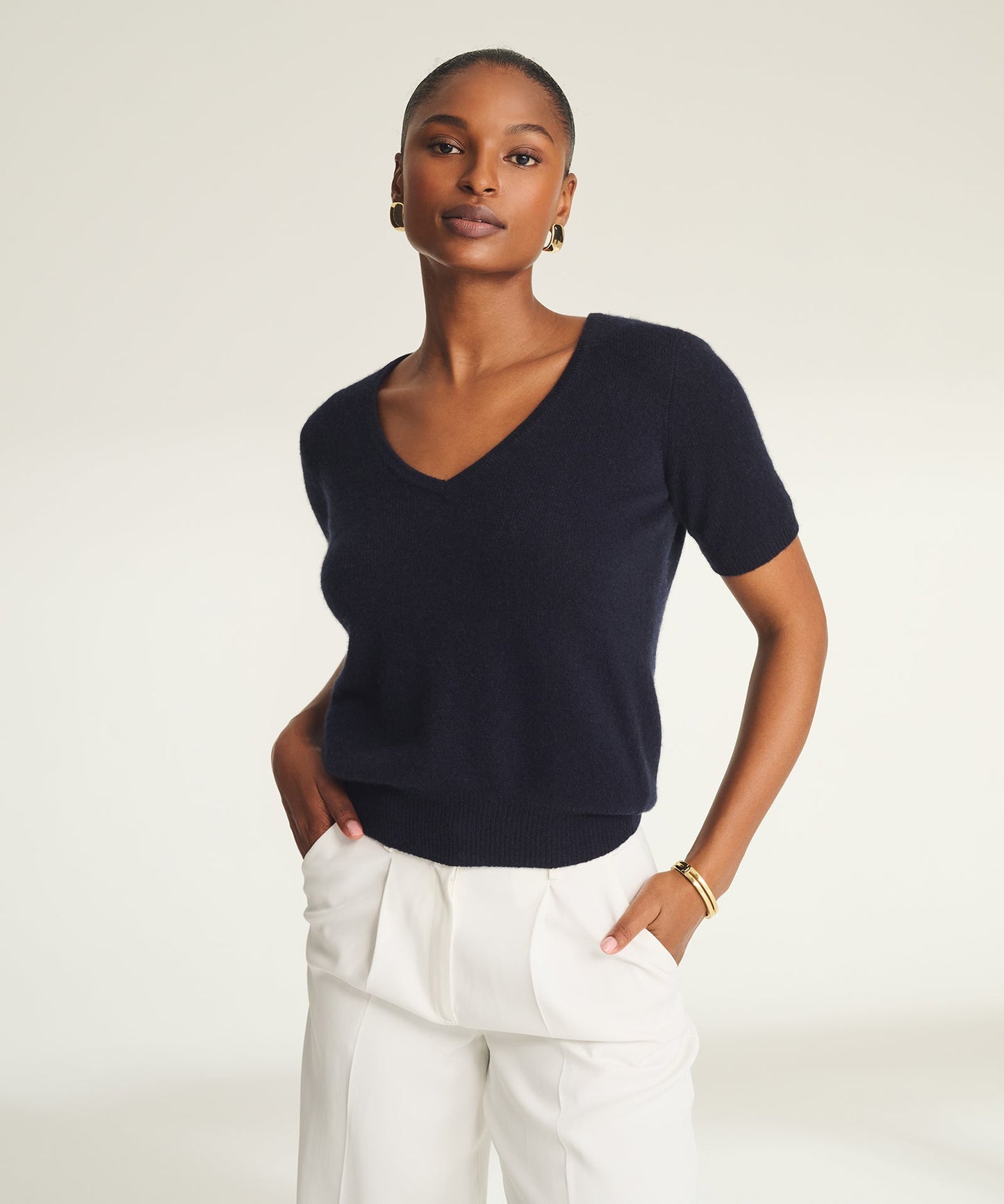 Lightweight Cashmere Short Sleeve V-Neck Sweater