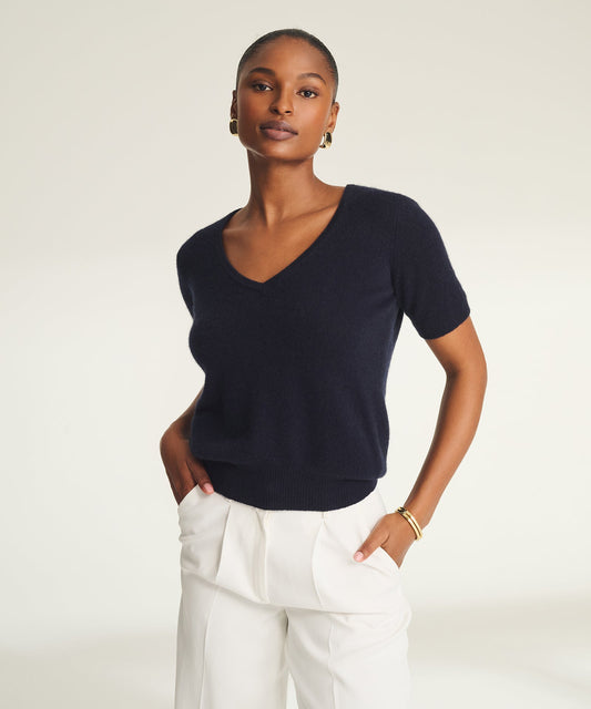Lightweight Cashmere Short Sleeve V-Neck Sweater