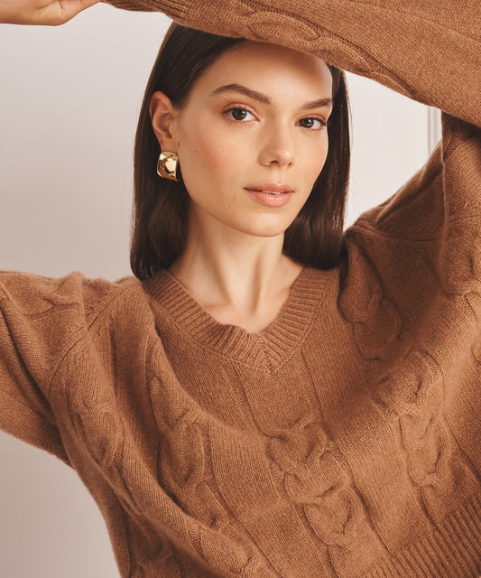 Luxe Cashmere Cable V-Neck Sweater