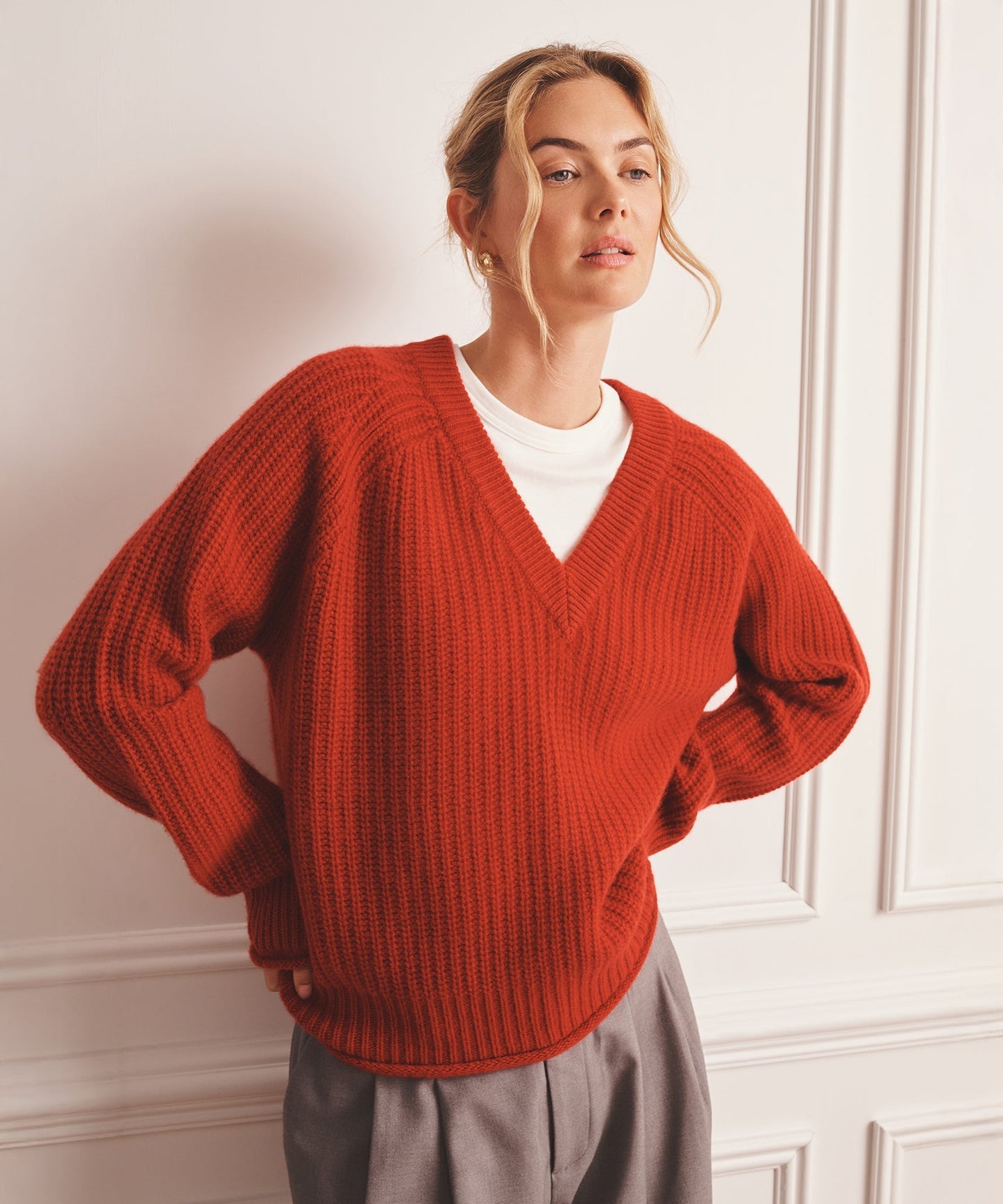 Super Luxe Cashmere Fisherman V-Neck Sweater