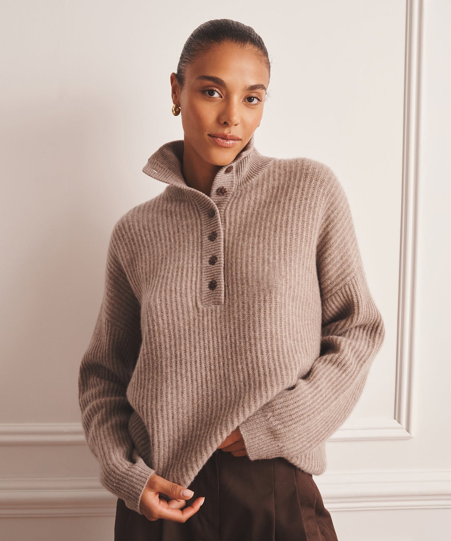 Super Luxe Cashmere High Neck Henley Sweater